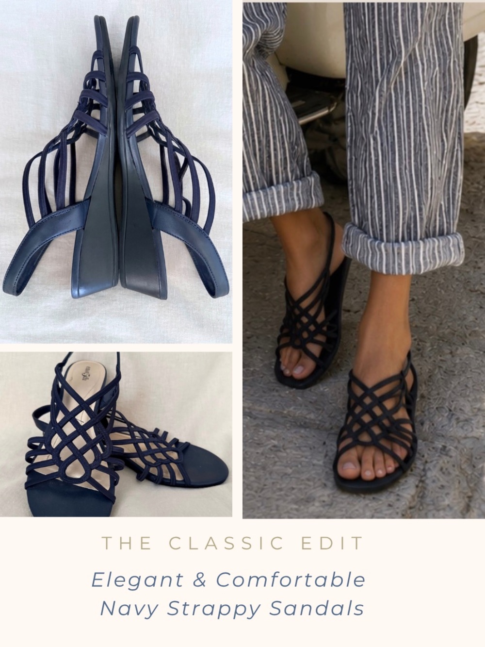 East 5th Navy Blue Strappy Sandals | Elastic Comfort Straps | Low Wedge Slip-On
